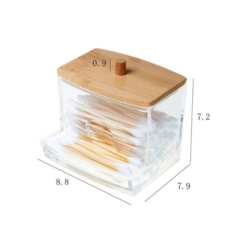 Cotton Swab Storage Box with Bamboo Cover - Transparent Square Container for Cotton Buds and Toothpicks