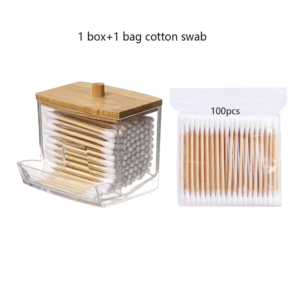 Cotton Swab Storage Box Double Head Cotton Buds Container Transparent Square Bamboo Cover Cotton Swab Toothpick Organize Box - Vaxicy