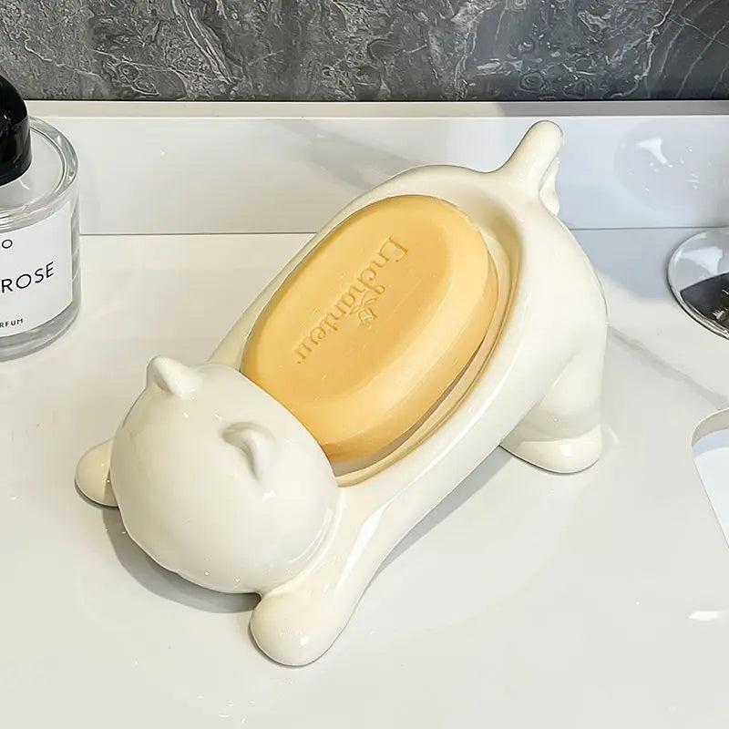 Cute Cat Drain Soap Holder - lifestyle use in small kitchen or home