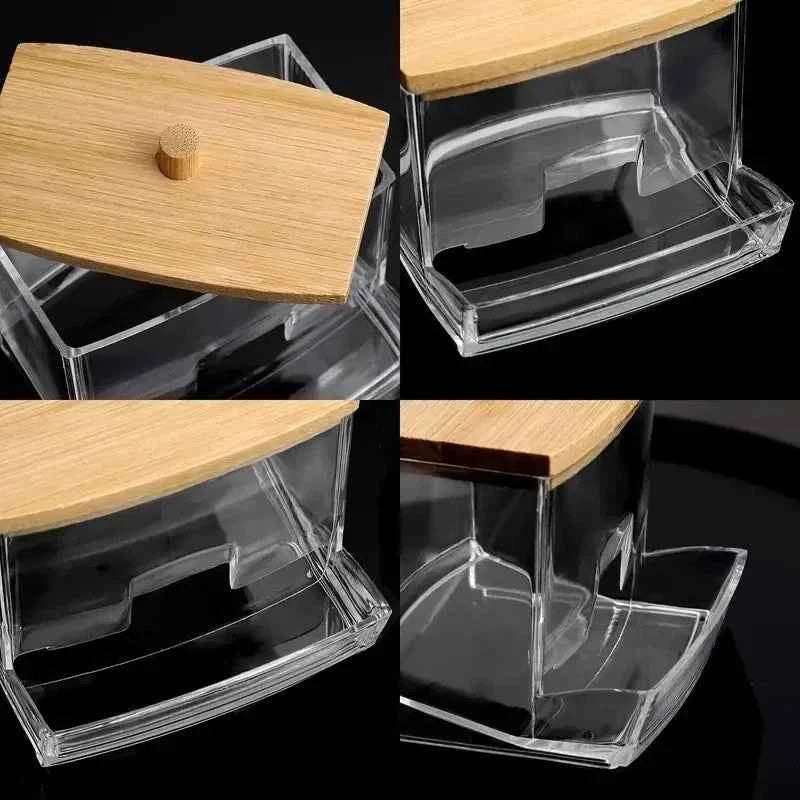 Cotton Swab Storage Box with Bamboo Cover - Transparent Square Container for Cotton Buds and Toothpicks