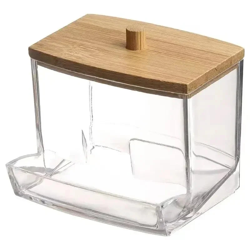 Cotton Swab Storage Box Double Head Cotton Buds Container Transparent Square Bamboo Cover Cotton Swab Toothpick Organize Box - Vaxicy