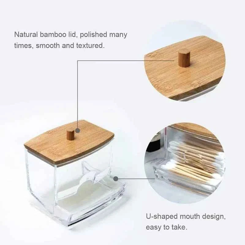 Bamboo Cotton Swab Storage Box - close-up detail and material