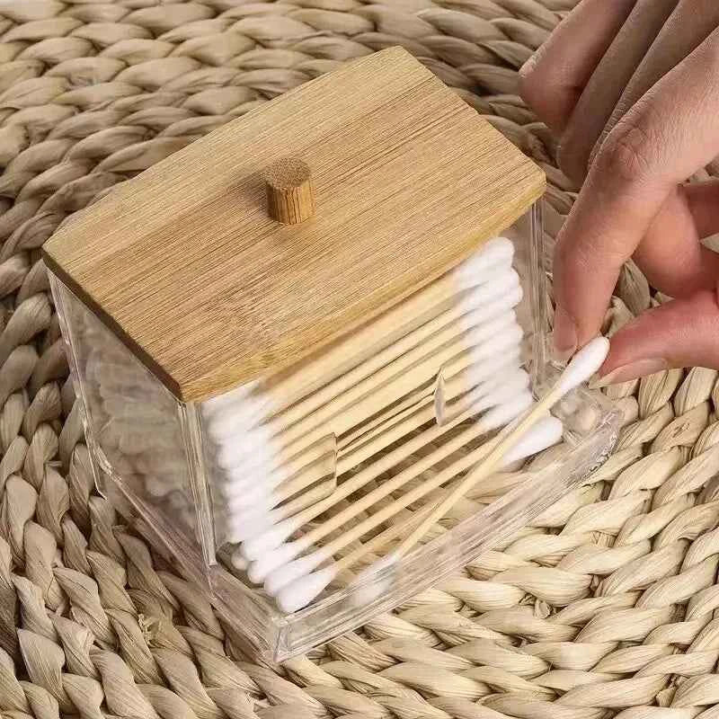 Bamboo Cotton Swab Storage Box - lifestyle use in small kitchen or home