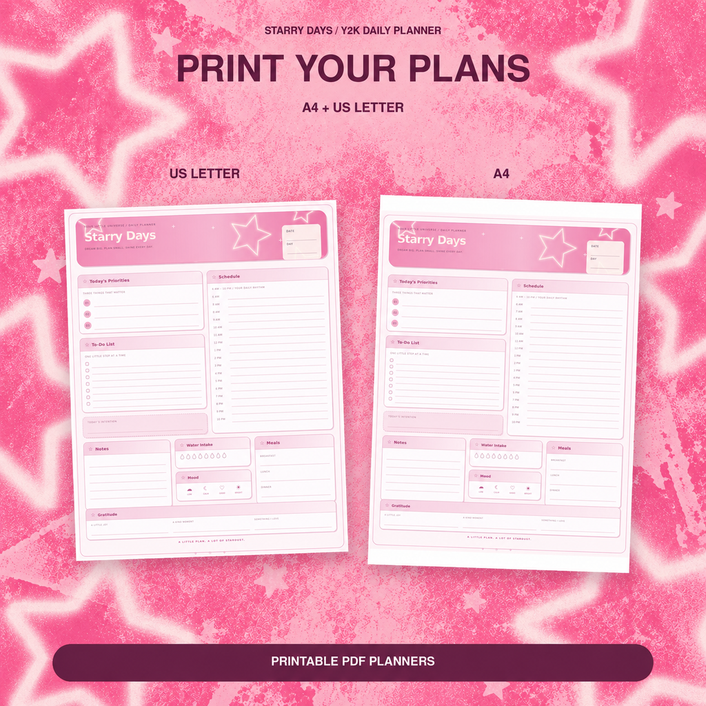 Starry Days printable A4 and US Letter planner on matching pink star background