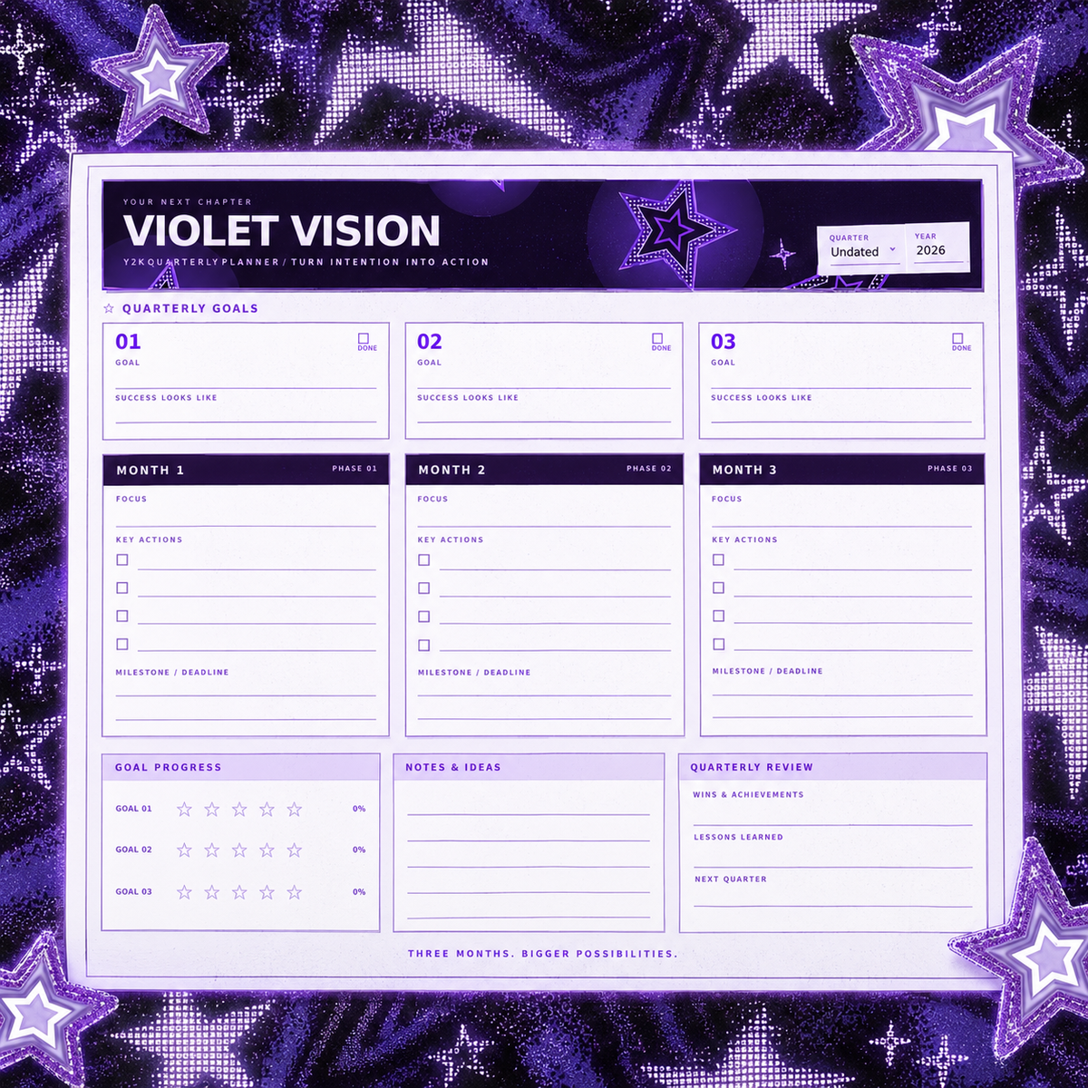 Violet Vision quarterly planner cover purple star background