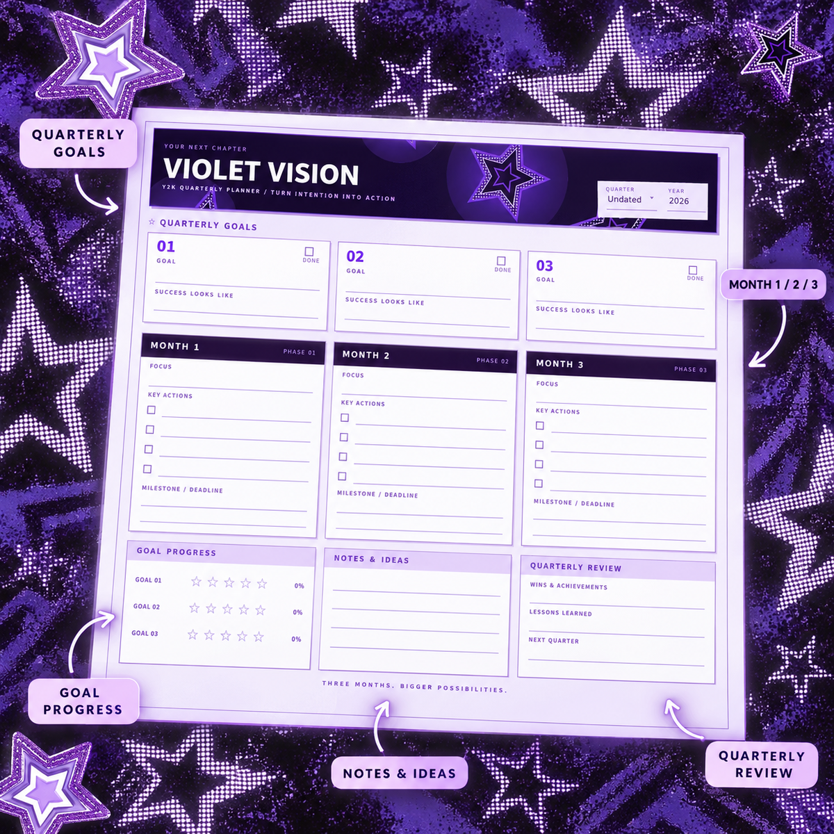 Violet Vision quarterly planner details purple star background