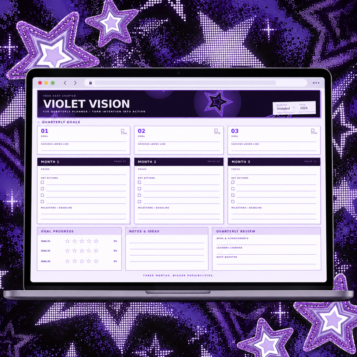 Violet Vision interactive HTML planner purple star background
