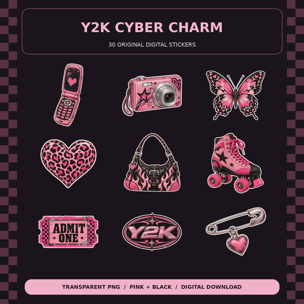 Y2K Cyber Charm cover featuring actual pink and black stickers