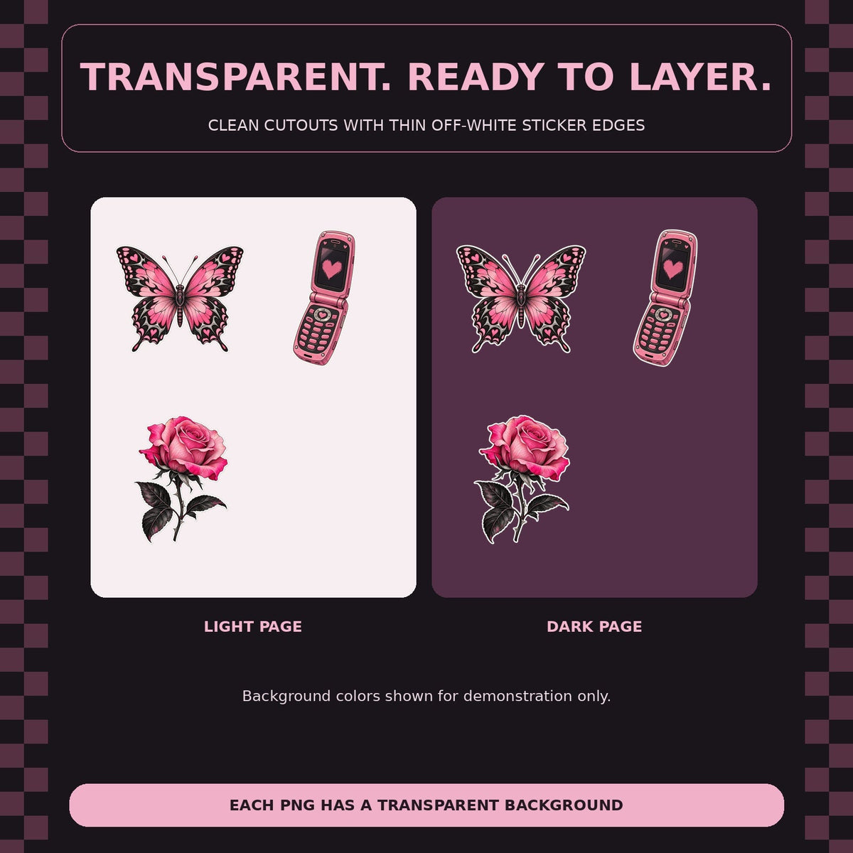 Actual stickers layered on light and dark backgrounds